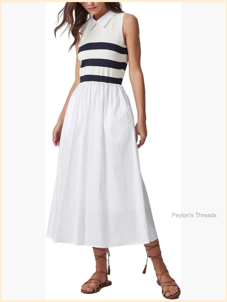Sleeveless Stripe Knit Midi Dress A-Line Casual Cotton Dress